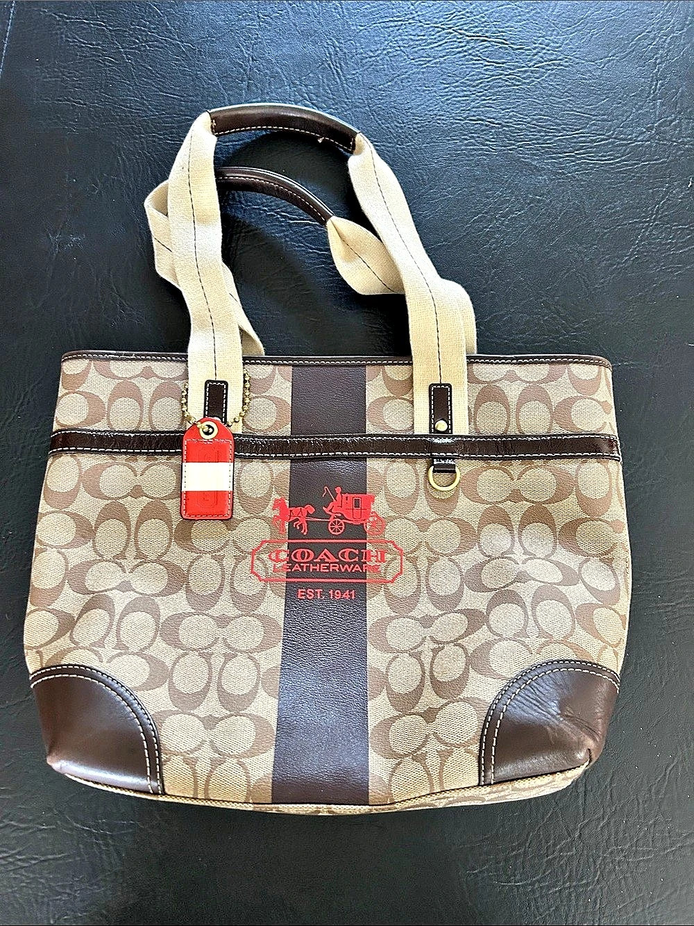 Coach Heritage Stripe Signature Tote in Brown & Tan